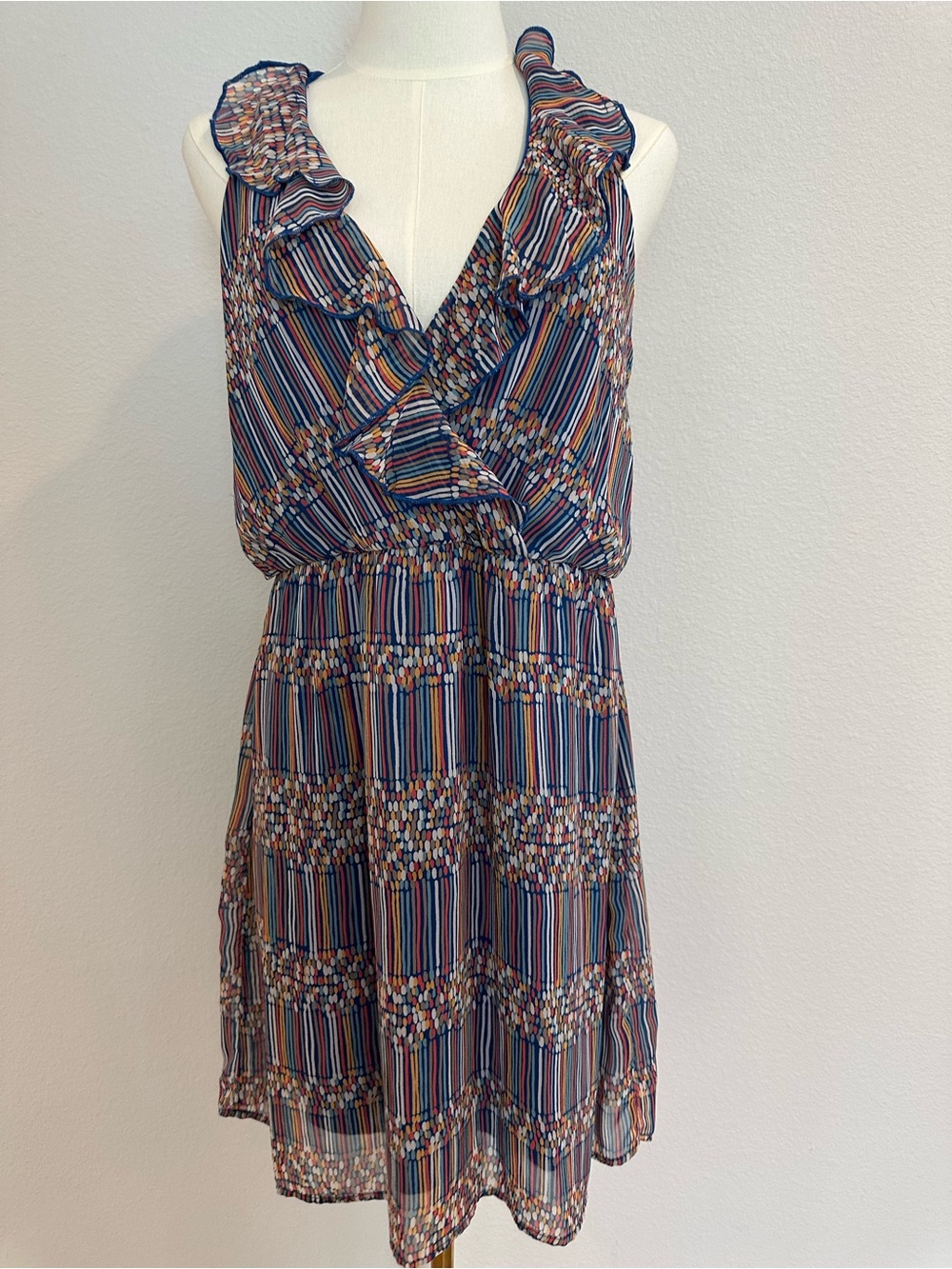 Wish Multicolor Striped Ruffle V-Neck Mini Dress